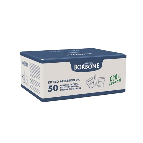 CAFFE'' BORBONE KIT ECO ACCESSORI 50x BICCHIERINI CARTA + 50x PALETTE BETULLA + 50x ZUCCHERO